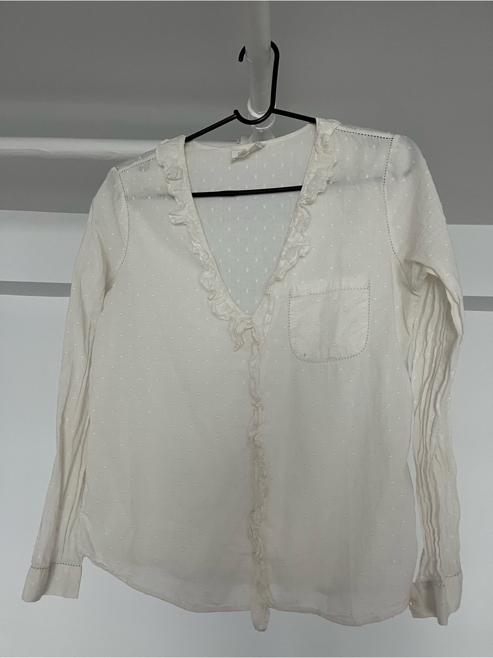 Sezane Cream Ruffled V-Neck Dot-Texture Blouse